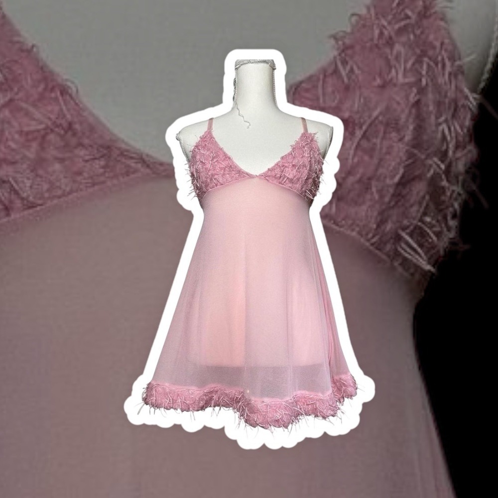 Y2K Spoiled Angel Pink Feather Trim Babydoll Chemise Lingerie Mini‎ Dress Tank L
